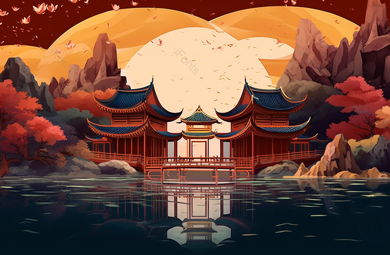 中国风山水凉亭亭台楼阁巨大的满月圆月背景的夜空下宁静的湖面插画,插画/手绘图,插画/手绘图库,插画/手绘图下载,插画/手绘